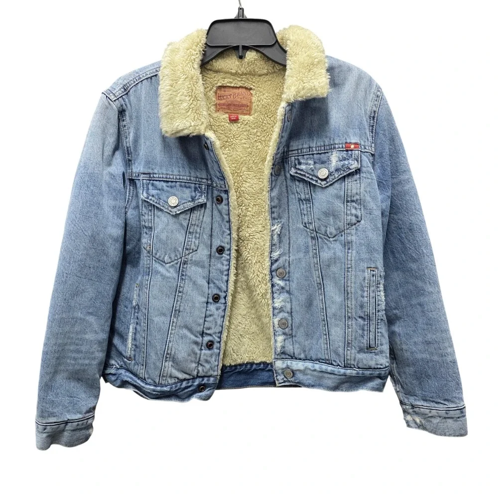 Lucky Brand Mens Sherpa Lined Denim Trucker Jacket Light Wash Distressed Medium